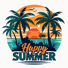 Vintage retro style happy summer t-shirt design with palm tree, sea beach and sunset