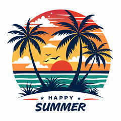 Vintage retro style happy summer t-shirt design with palm tree, sea beach and sunset