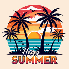 Naklejka premium Vintage retro style happy summer t-shirt design with palm tree, sea beach and sunset