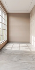 Empty room with natural lighting coming from a side window casting shadows. Interiors composition background.