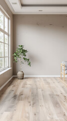 Fototapeta premium Empty room with natural lighting coming from a side window casting shadows. Interiors composition background.