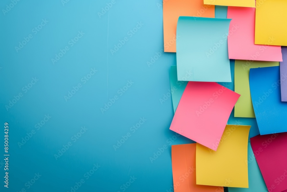 Poster a colorful stack of sticky notes on a blue background. the notes are in various colors and sizes