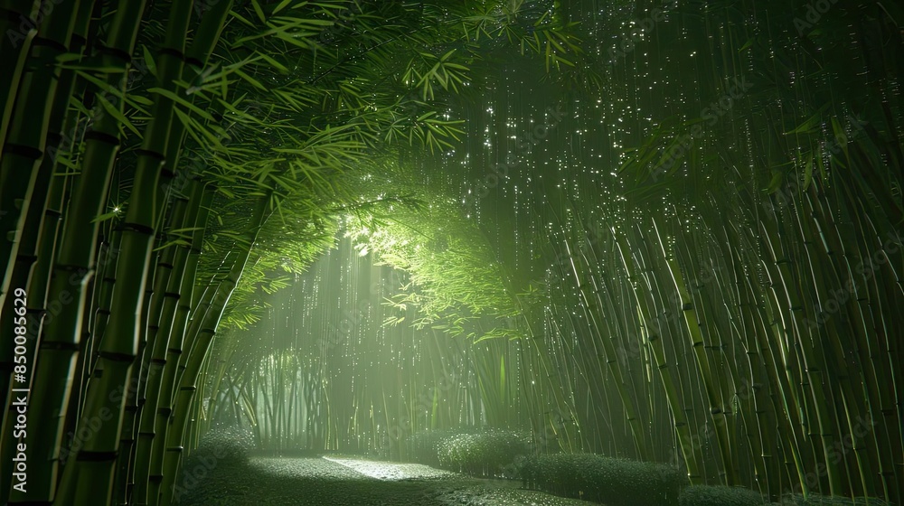 Poster sunlight filtering through lush bamboo forest, creating a serene and tranquil atmosphere of natural 
