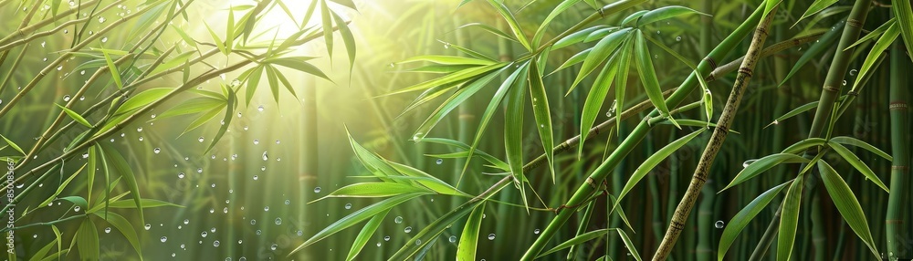 Poster sunlight filtering through lush green bamboo leaves in a serene forest, creating a tranquil and refr