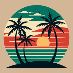 Vintage retro style summer T-shirt design with palm tree, sea beach and sunset