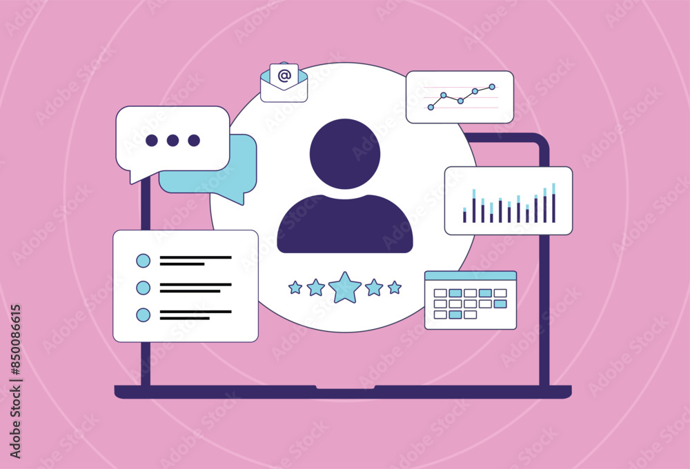 Poster customer relationship management. crm software with customer data analysis, sales automation, client