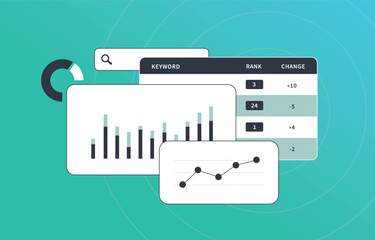 SEO analysis with keyword research tracking software, backlink analysis, search engine optimization. Competitor analysis and seo ranking performance metrics. Vector illustration on green background