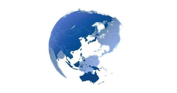 Planet, earth and virtual map of continents with global network, population connection and spin. Digital world, satellite location and worldwide data for communication, travel and white background