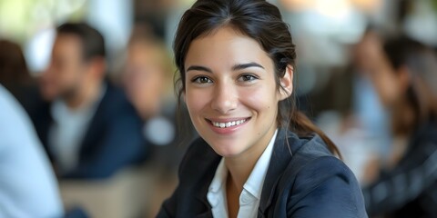 Fototapeta premium Focused businesswoman in blazer and white shirt smiles during meeting with colleagues. Concept Business Attire, Meeting Moments, Professional Smiles, Team Collaboration, Successful Business Woman