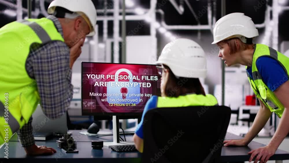 Aufkleber shocked engineer in factory during ransomware attack