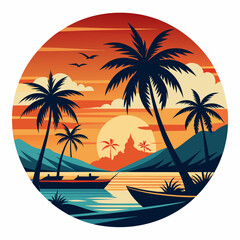 Summer vacation t-shirt design concept  with palm tree, sea beach, and sunset vector illustration