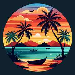 Summer vacation t-shirt design concept  with palm tree, sea beach, and sunset vector illustration