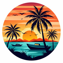Summer vacation t-shirt design concept  with palm tree, sea beach, and sunset vector illustration