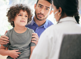 Child, healthcare and doctor consultation for heartbeat with stethoscope, breathe and exam of cardio results. Woman, boy and pediatrician for medical service, lung treatment and questions of wellness