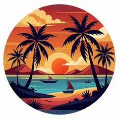 Summer vacation t-shirt design concept  with palm tree, sea beach, and sunset vector illustration
