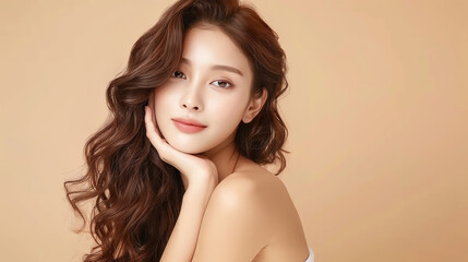 Fototapeta premium A young woman with long brown hair and flawless skin smiles softly at the camera.