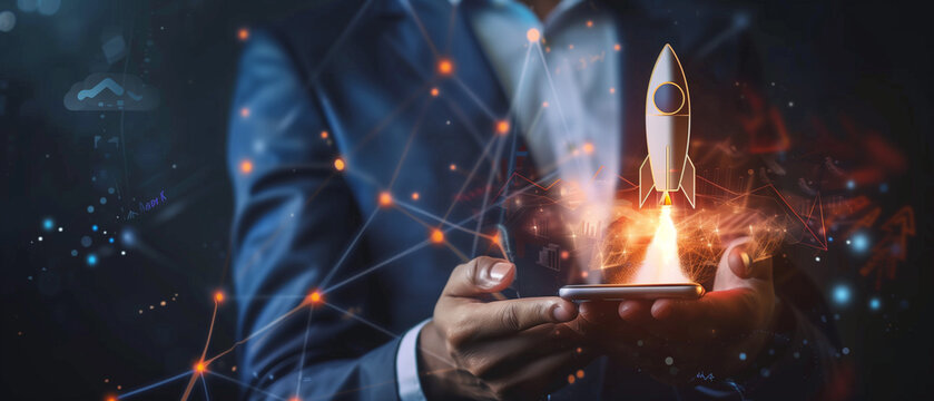 Man hand with phone, stock market graph with rocket