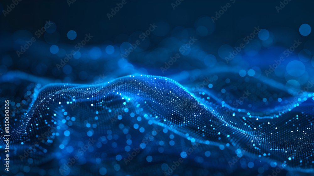 Fototapete 3d rendering of abstract digital particles with depth of field and bokeh effect, futuristic blue bac