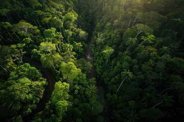 Obraz premium Aerial view of a lush, dense tropical rainforest with a winding river cutting through the vibrant green foliage under sunlight.