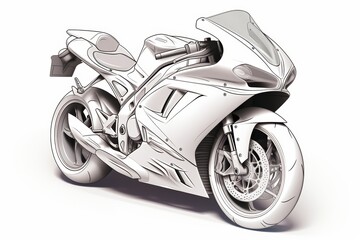 Detailed pencil drawing of motorbike, isolated on white background, cut out for easy use