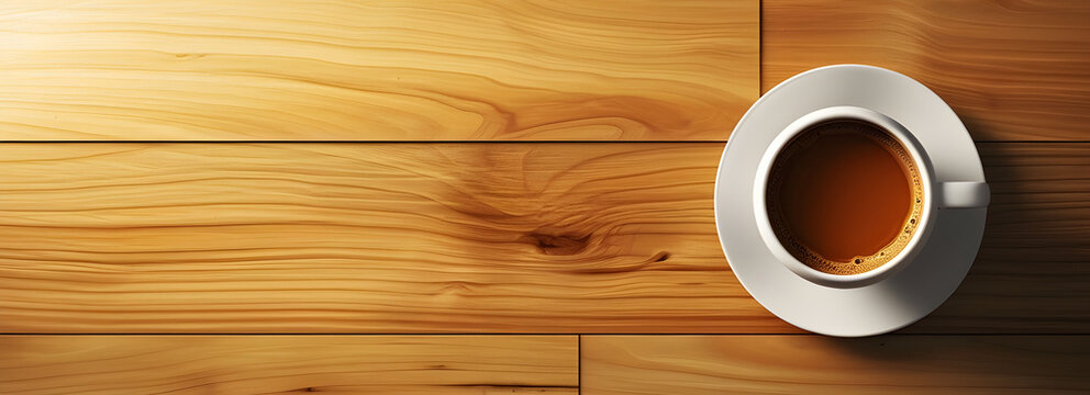 A cup of hot aromatic coffee with foam on a wooden table with a scattering of coffee beans. Top view with space for text