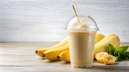 cold banana smoothie   in disposable plastic container with straw, on white background