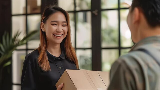  Happy woman, delivery man and package box at door for order, parcel or cargo of customer in transport service. Female person receiving shipment from male courier