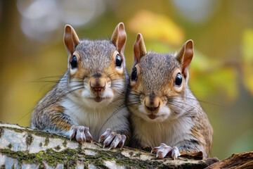 Obraz premium Two squirrels perched on a branch, looking curious and alert. Their expressive eyes and fluffy tails capture the charm of wildlife in a natural setting