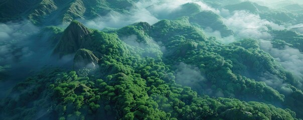Obraz premium Aerial view of lush green mountains covered in mist and clouds, creating a serene and natural landscape rich in vegetation and tranquility.