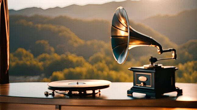 gramophone on blue sky background