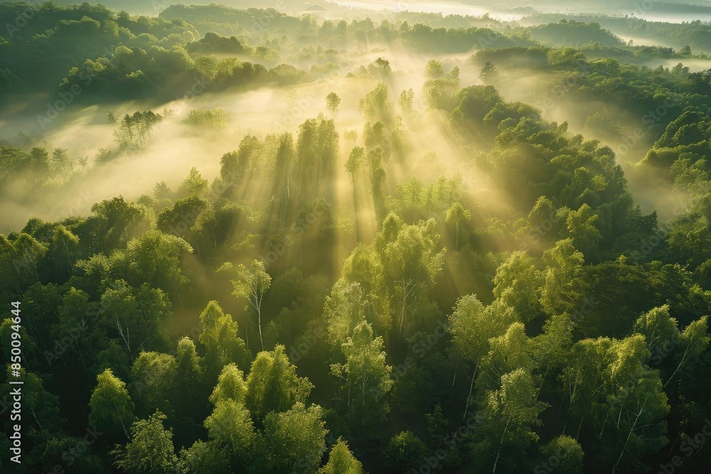 Poster sun rays filtering through misty forest at dawn. aerial view of lush green trees bathed in morning l