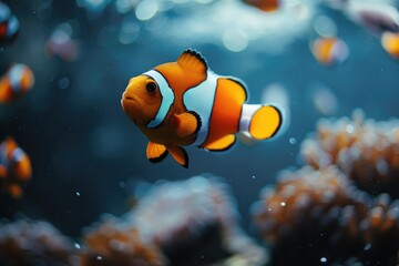 Close-up of a clownfish swimming amongst the coral in a colorful underwater scene