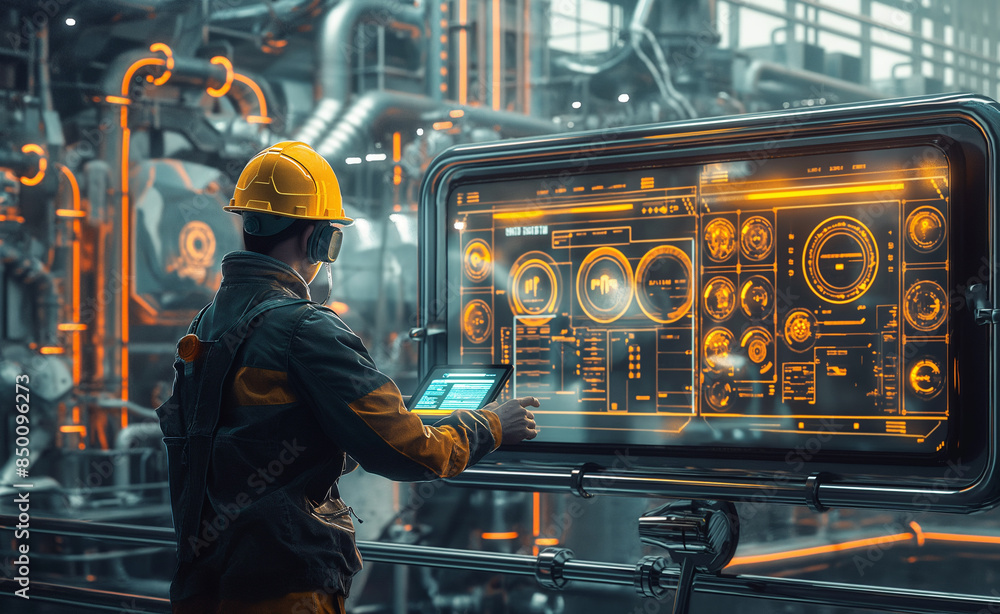 Poster industrial engineer in a hard hat using a tablet to monitor machinery in a factory.