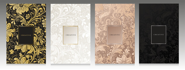 Elegant cover set. Floral pattern design: golden, platinum, pink and black background. Shiny flowers and leaves texture for botanical concept, invitation, packaging and brochure cover. 