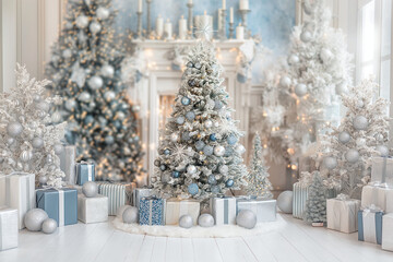 An elegantly decorated room with white and blue Christmas trees, wrapped gifts, and sparkling ornaments, radiating holiday cheer and sophisticated beauty