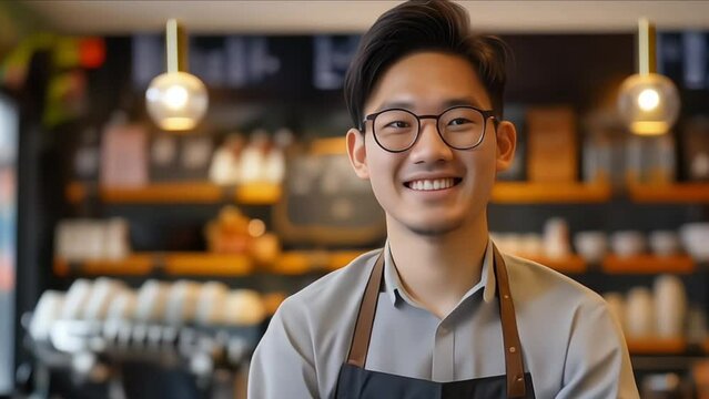 An Asian entrepreneur or barista working in modern coffee shop concept small business