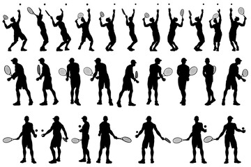 collection of different angle of silhouette male tennis player character , isolated vector for graphic resources
