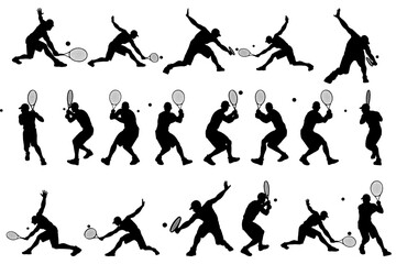 collection of different angle of silhouette male tennis player character , isolated vector for graphic resources
