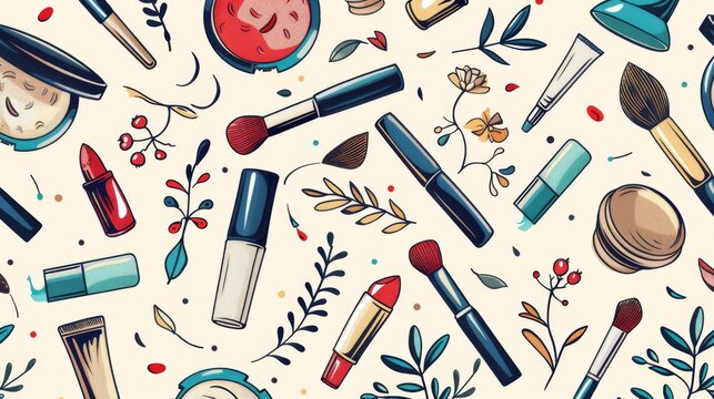 Playful and whimsical pattern design featuring makeup essentials.