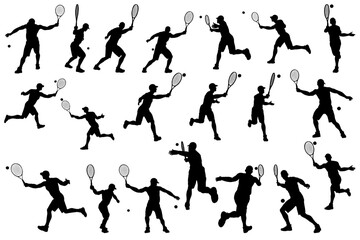 collection of different angle of silhouette male tennis player character , isolated vector for graphic resources
