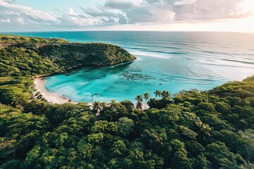 Obraz premium Stunning aerial view of a tropical bay with clear blue waters, lush greenery, and a serene beach under a vibrant sky.