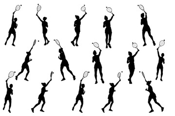 collection of different angle of silhouette female tennis player character, isolated vector for graphic resources
