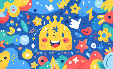 Cheerful smiley face surrounded by colorful stars, thumbs up, and heart shapes on a blue background.