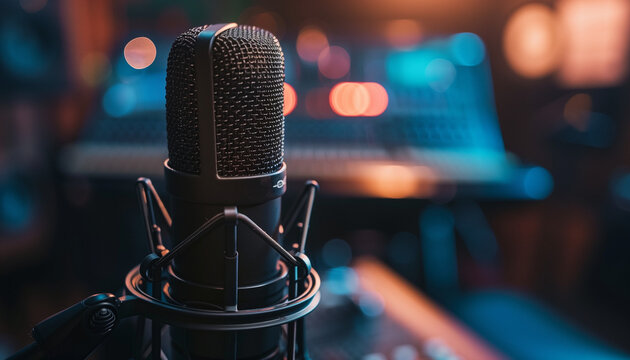 A close-up of a professional microphone in a dimly lit recording studio, capturing the essence of audio production and the intimate ambiance of musical creativity