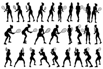 collection of different angle of silhouette female tennis player character, isolated vector for graphic resources
