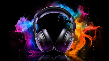 Headphone and colorful steam. Creative music and festival concept on black background