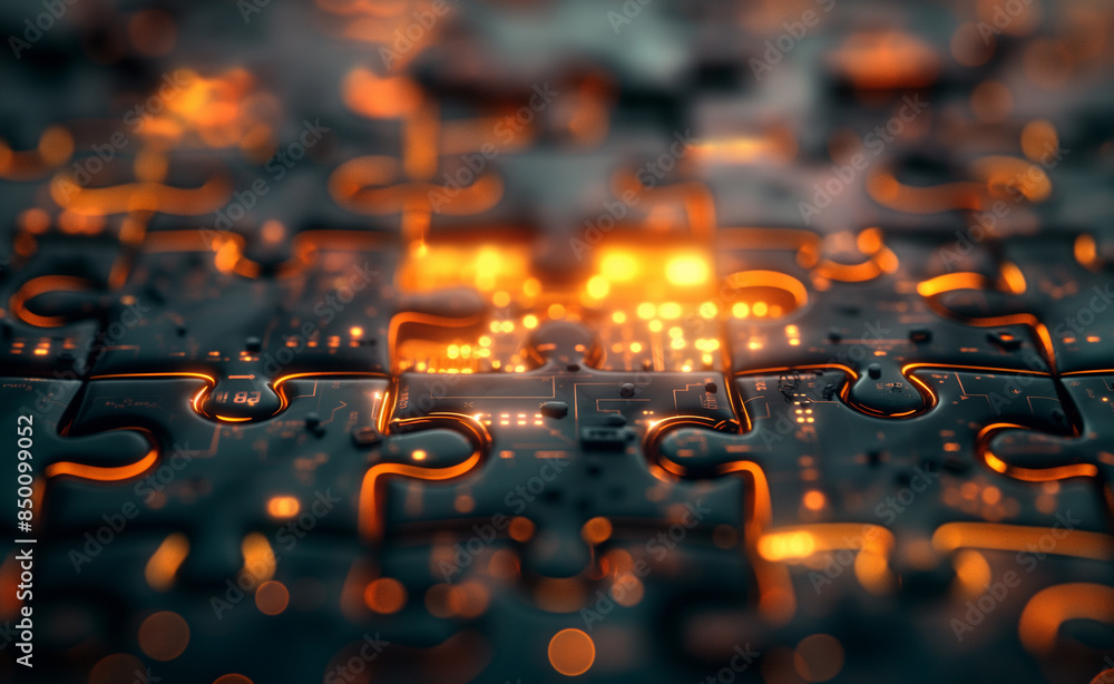 Poster abstract close-up of a digital circuit board with a missing puzzle piece and glowing lights.