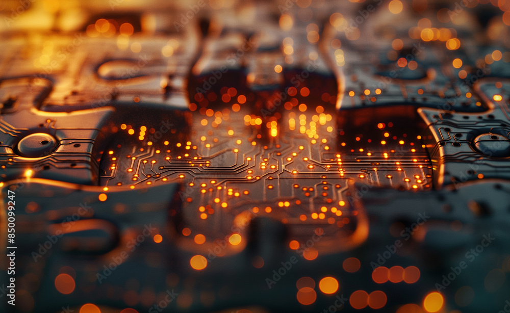 Aufkleber abstract close-up of a digital circuit board with a missing puzzle piece and glowing lights.