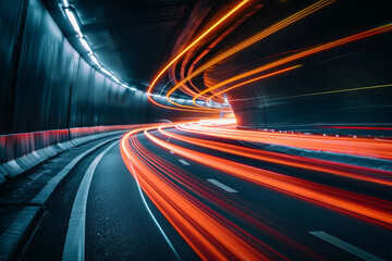 Long exposure shot of car headlights and taillights streaking through the night, creating dynamic light trails on the road