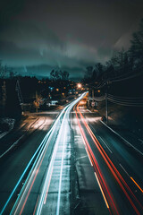 Long exposure shot of car headlights and taillights streaking through the night, creating dynamic light trails on the road